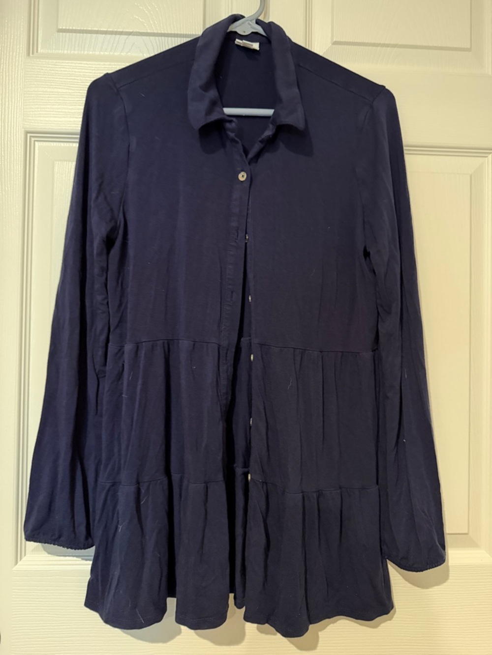 new directions Navy Blue Button-Front Tiered Long Sleeve Blouse
